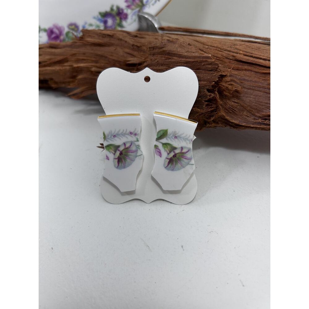 Handmade Broken China Earrings Flower Morning Glory Botanical Pink Gold Earrings
